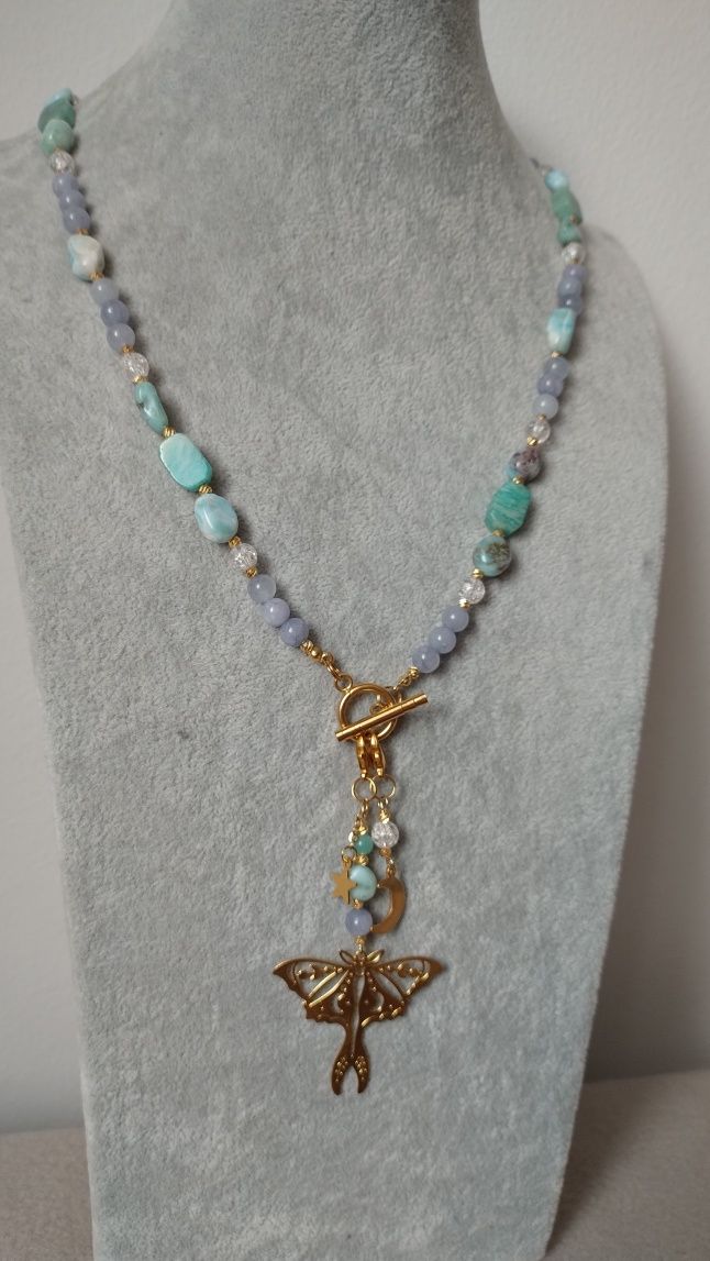 Naszyjnik larimar, akwamaryn, amazonit, kryształ górski