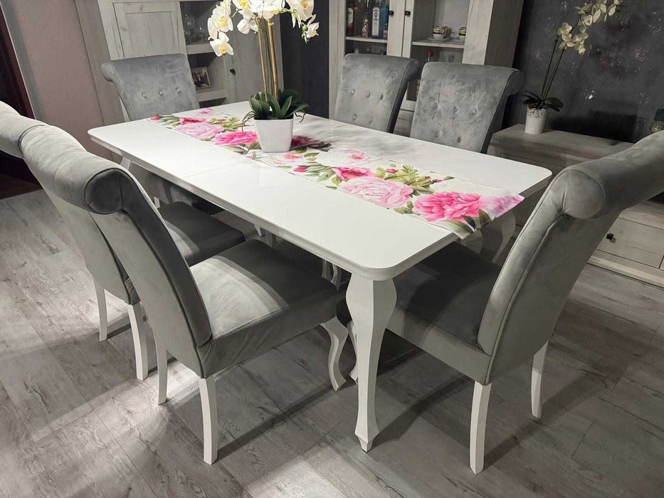 Stół 170/250+6 krzeseł ludwik biały połysk