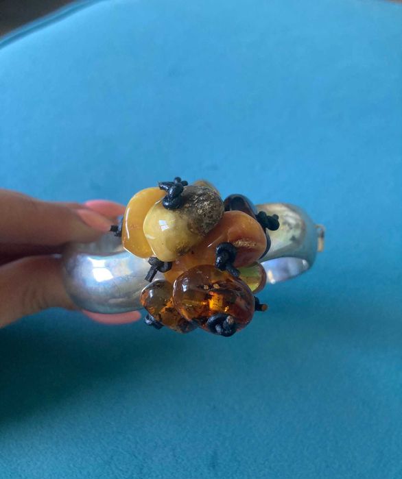 Artystyczny komplet naszyjnik bransoletka srebro bursztyny