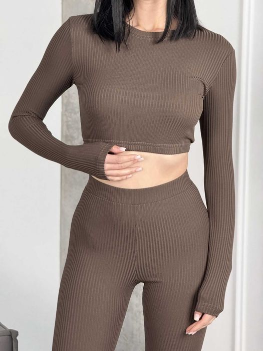 Костюм в рубчик лосини і топ шоколадний женский спортивный