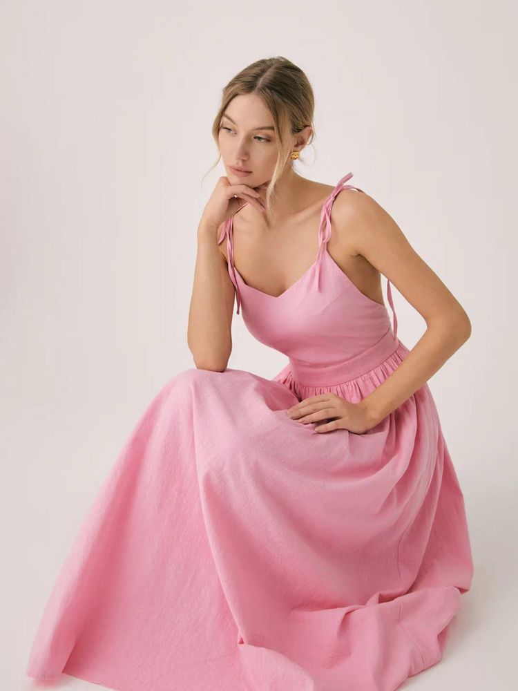 Сарафан міді льняний довгий сукня хакі оливка  льон рожева беж