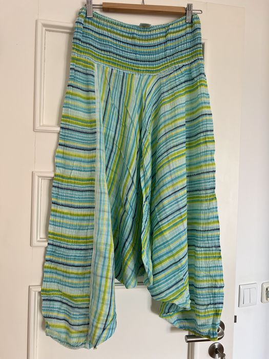Calças balão às riscas azuis e verdes, 100% algodão