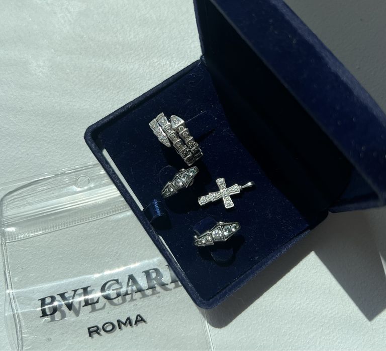 Срібний набір Bvlgari 1:1, сережки, каблучка 17-17,5крестик ланцюг