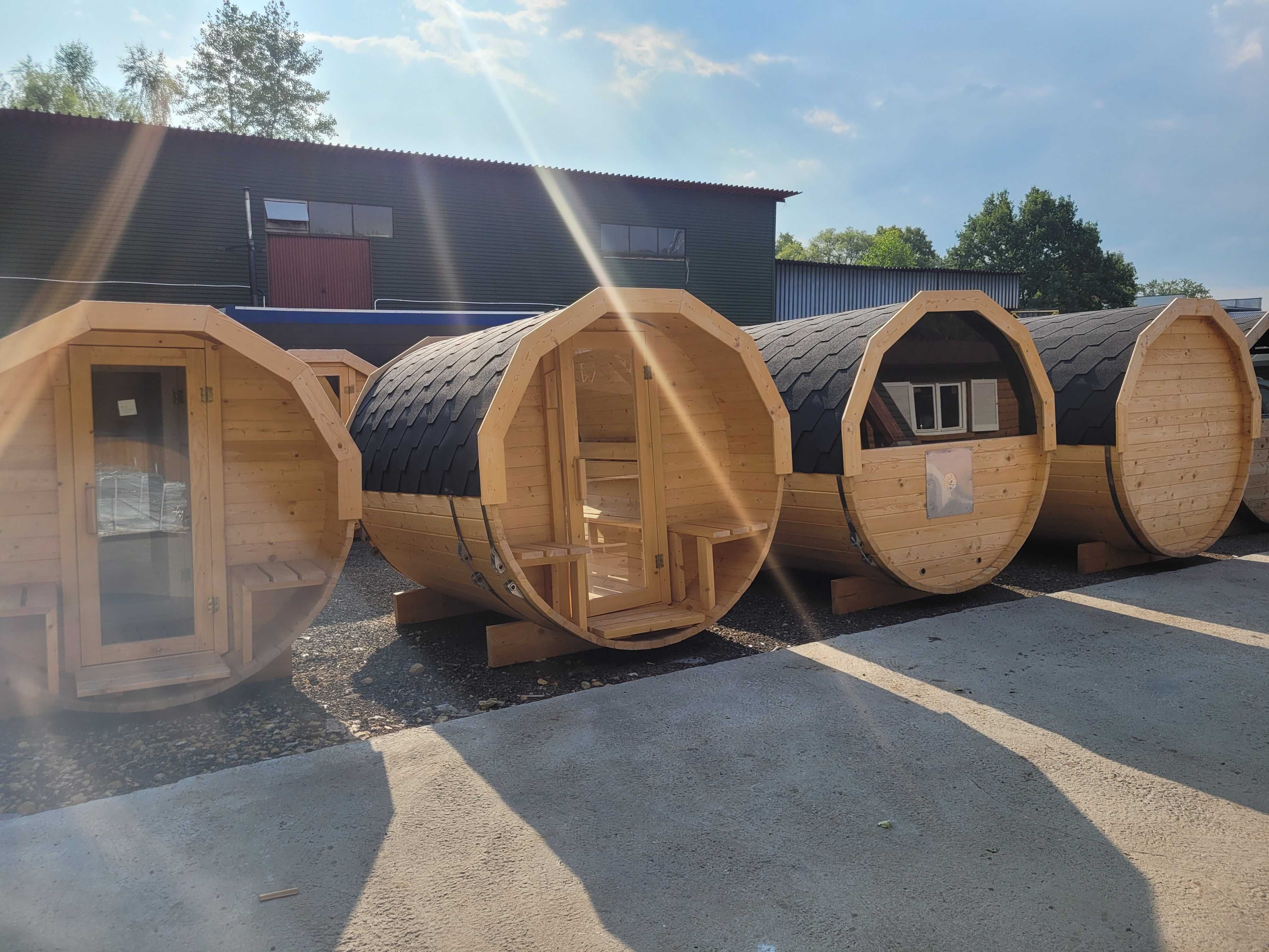 drewniane sauny BECZKI ogrodowe o długości 200 , 280 i 350 cm