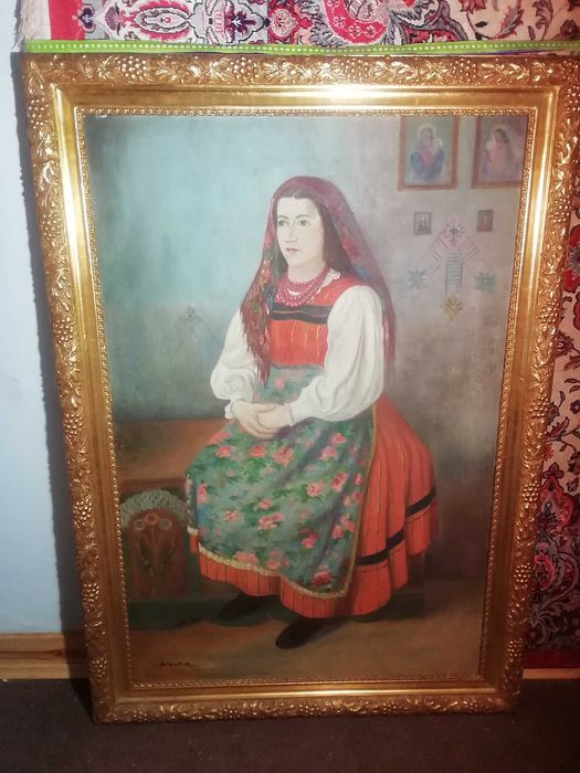Obraz kobieta w stroju ludowym sygn. R. Lizut płótno olej