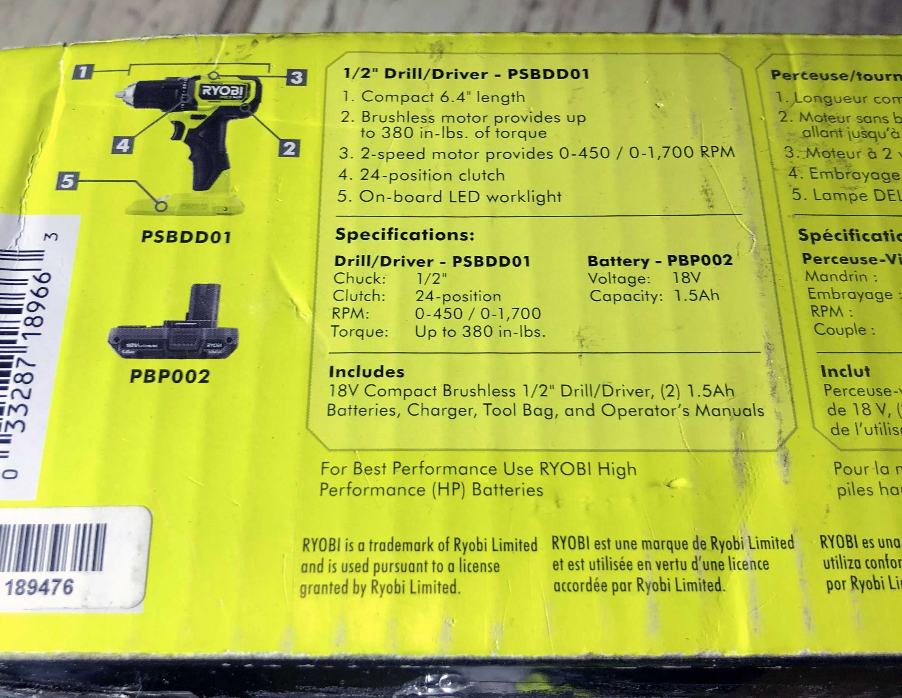 Безщітковий аккумуляторний шуроповерт Ryobi psbdd01 One+ Hp 18V США