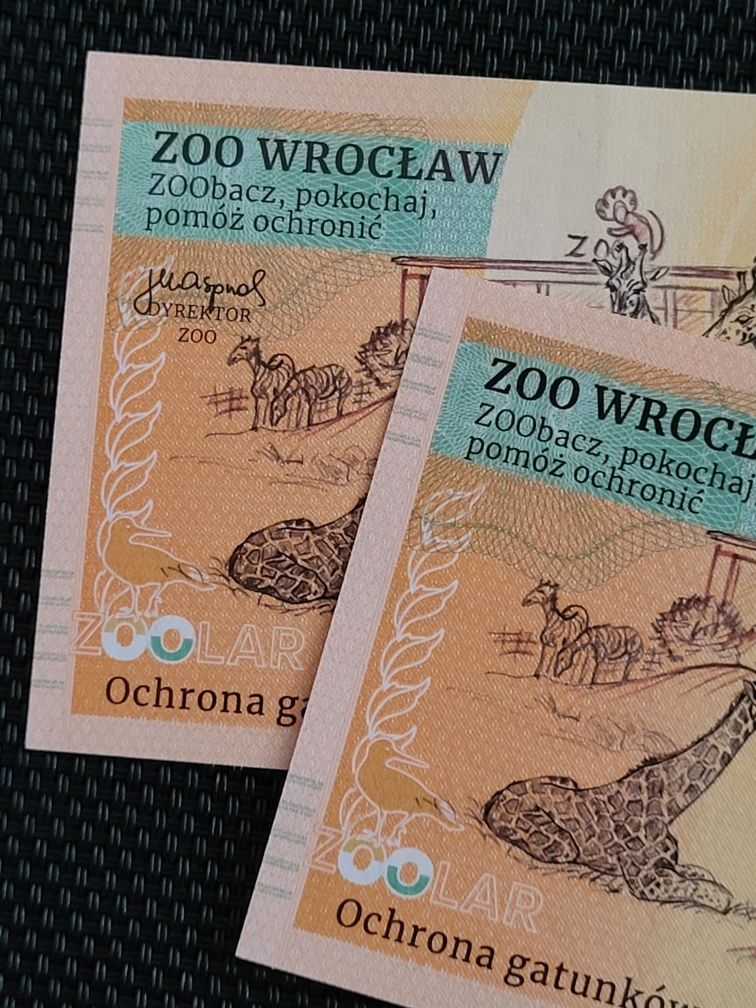 Banknoty kolekcjonerskie Zoo Wrocław ZOOLAR dwa różne warianty