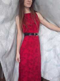 Czerwona dluga midi sukienka z kwiatowym wzorem vintage 70s 80s 90s