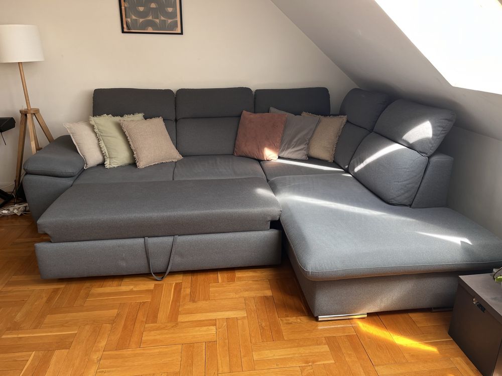 Kanapa duża rozkładana sofa szara funkcja spania pojemnik narożnik