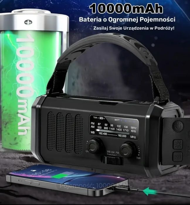 Radio awaryjne, kempingowe, solarne + dynamo + POWERBANK 10000 mAh