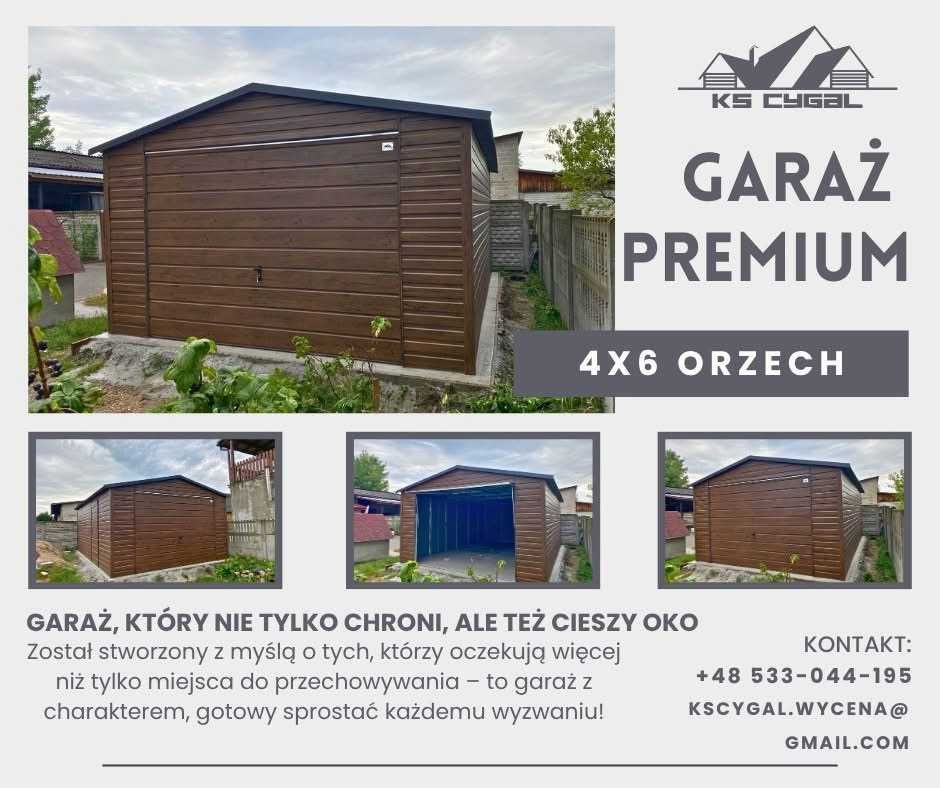 Garaż blaszany 4x6, orzech, drewnopodobny, profil zamknięty. PRODUCENT