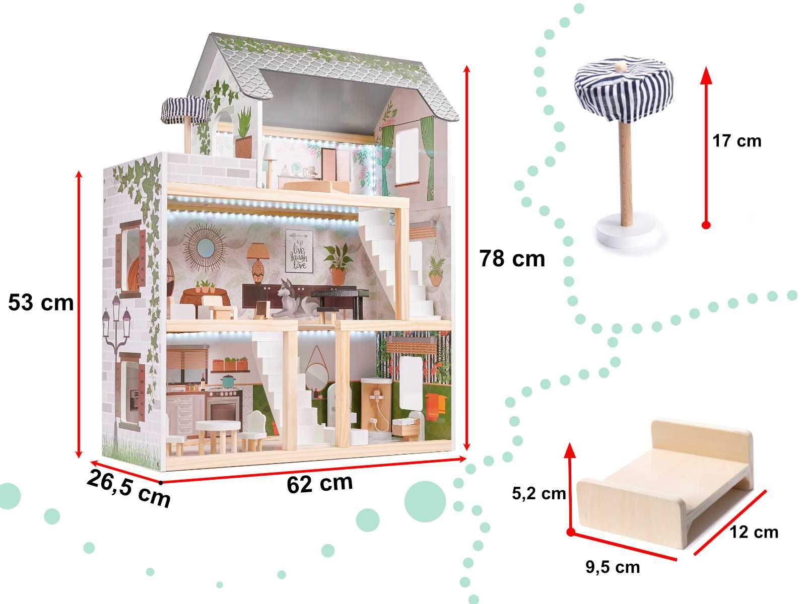 Domek dla lalek drewniany + mebelki 78cm oświetlenie LED FLORO boho