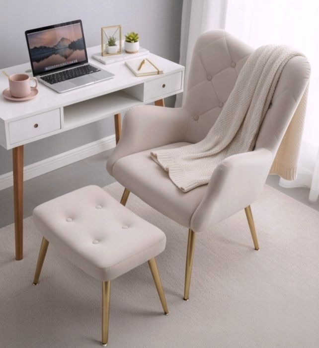 Fotel krzesło z podnóżkiem beżowy złote nózki Glamour Nowy