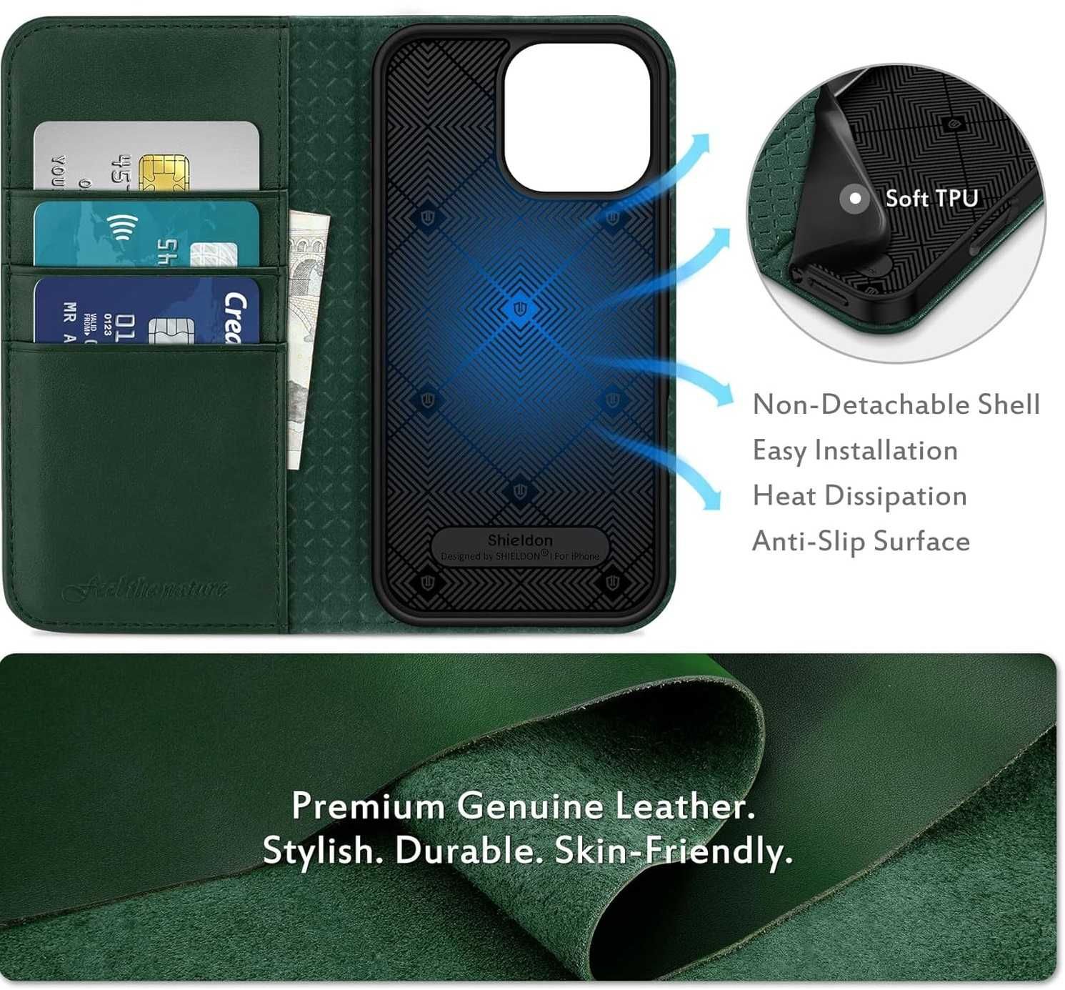 Shieldon naturalne etui skórzane do iPhone 16 Pro Max z klapką zielone