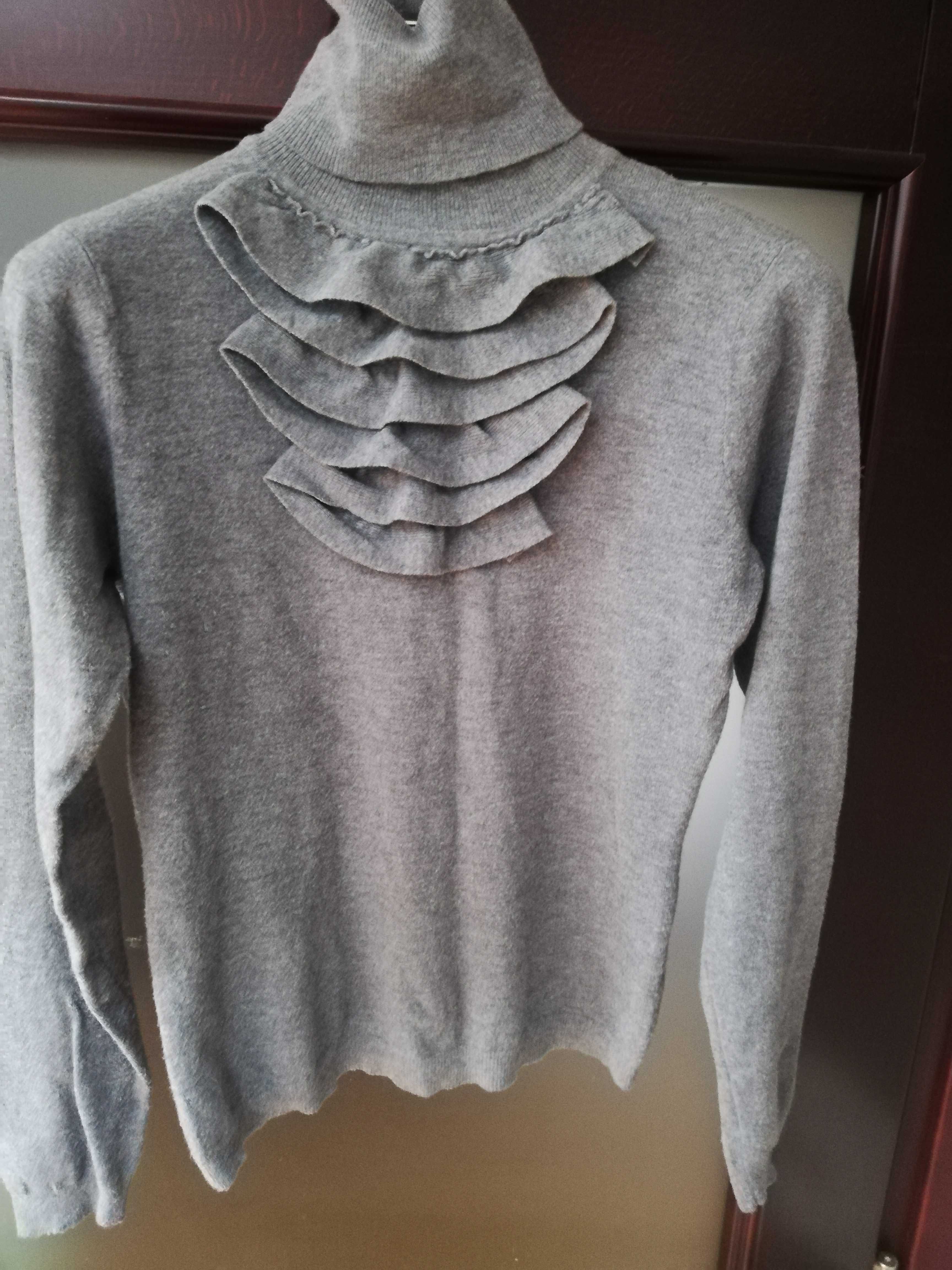 Damski sweter golf wełna merino i kaszmir z falbanka żabot rozm. M/L