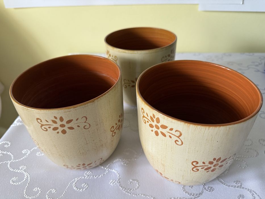 Donica Osłonka na Donicę Ceramiczna Doniczka ze Wzorem Kremowa 3szt