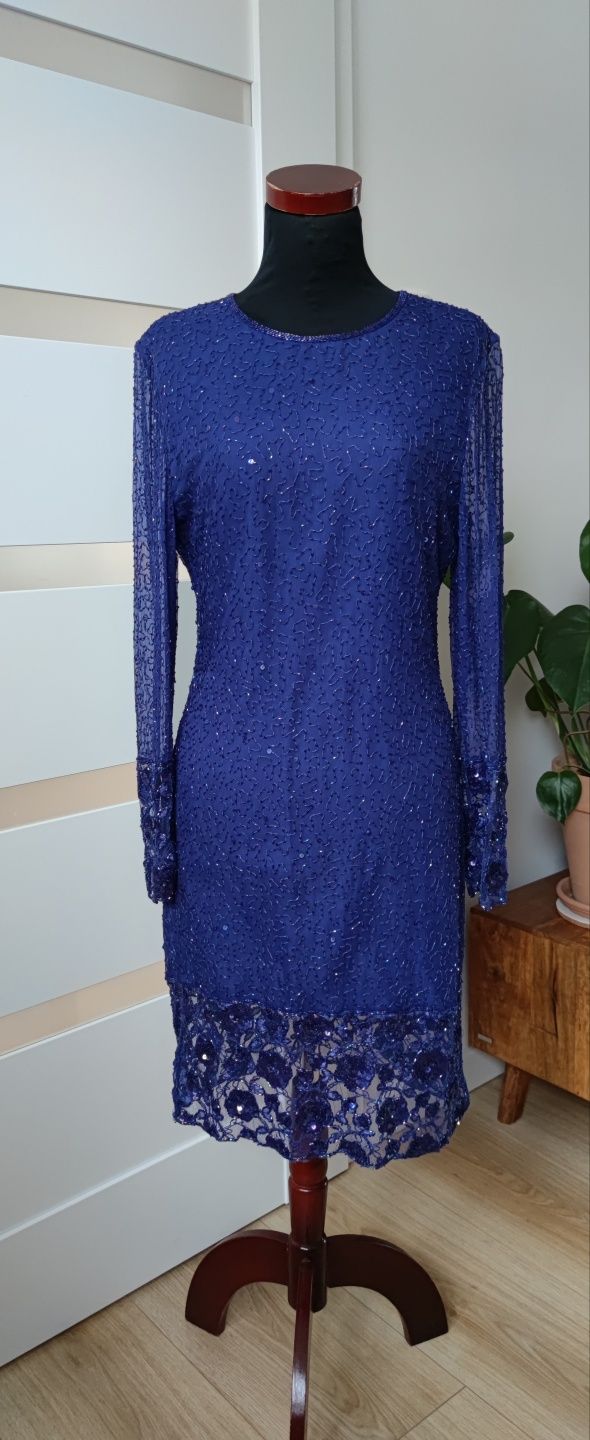 Sukienka niebieska cekiny koraliki impreza sylwester