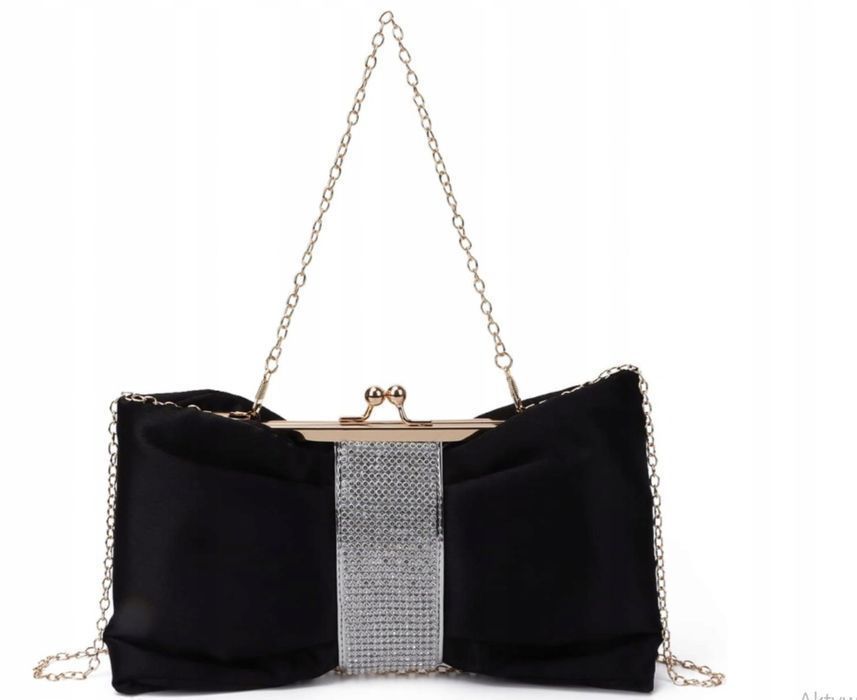 Wieczorowa Kopertówka Torebka na Ramię Czarna Satynowa Złoty Łańcuszek