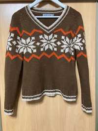 Sweter świąteczny S/M retro brąz śnieżynki wełna G&H