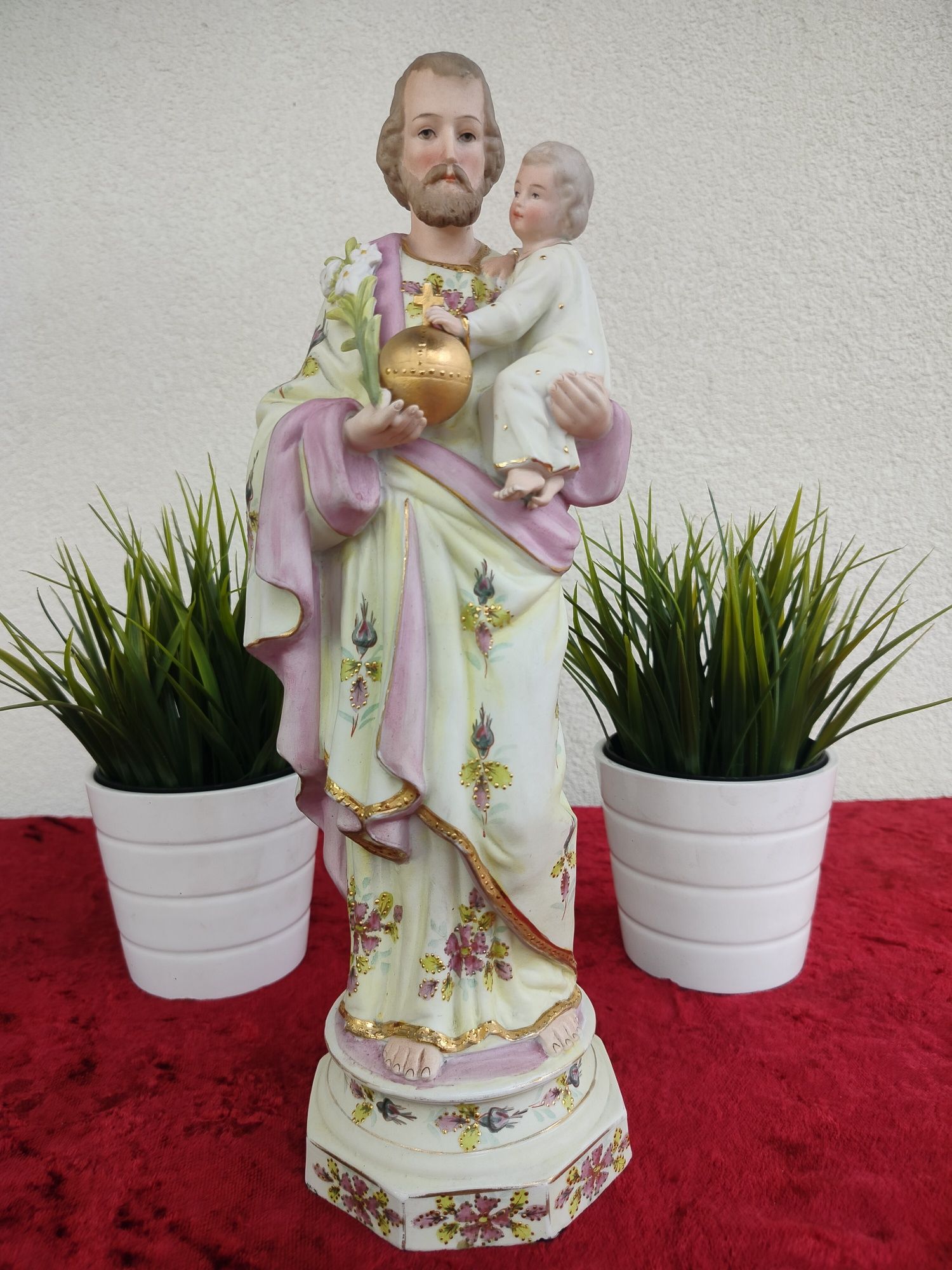 Stara biskwitowa figurka świętego Józefa z Dzieciątkiem Jezus porcelan