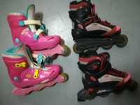 Patins em linha cor rosa e outros pretos