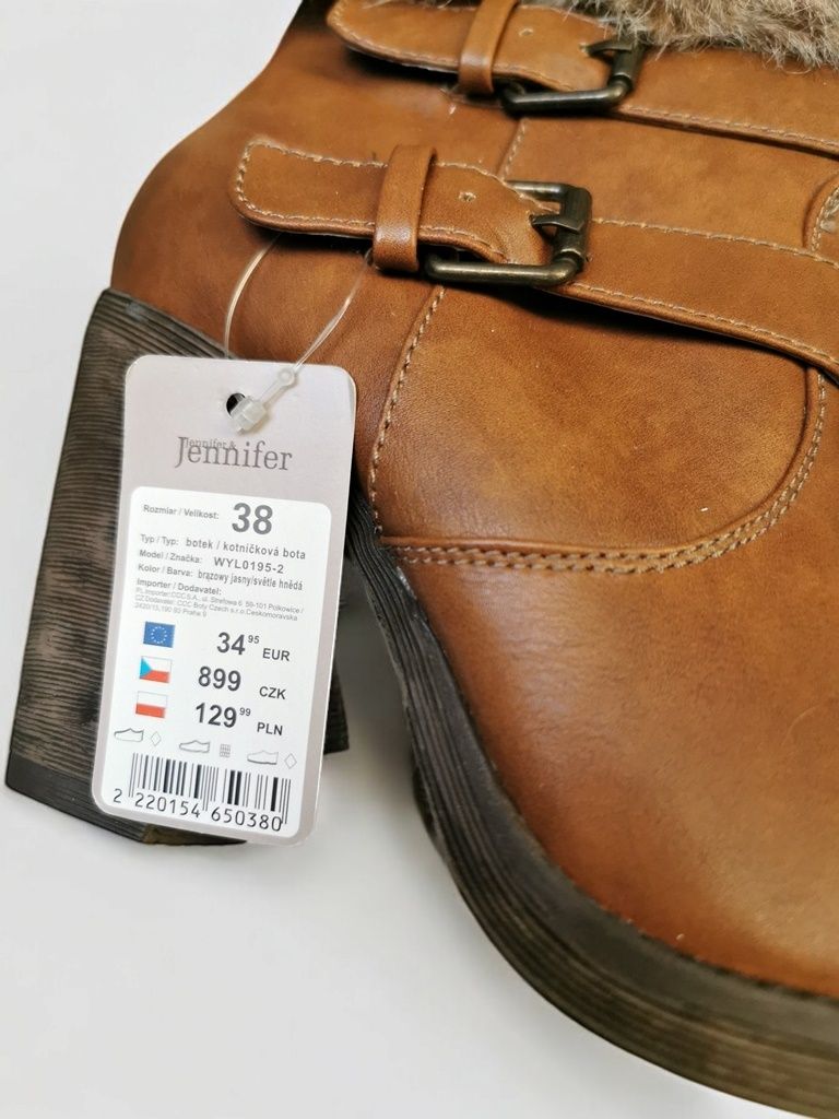 Botki Na Obcasie Camel Klamry Ocieplane Futerko Boho Retro Nowe 38
