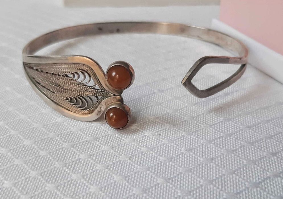 Srebrna bransoletka Imago Artis filigran z bursztynami. Kraków PRL.