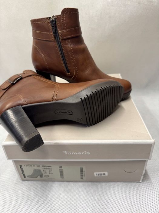Tamaris Botki Skórzane Na Korku Brązowe Rozmiar 37