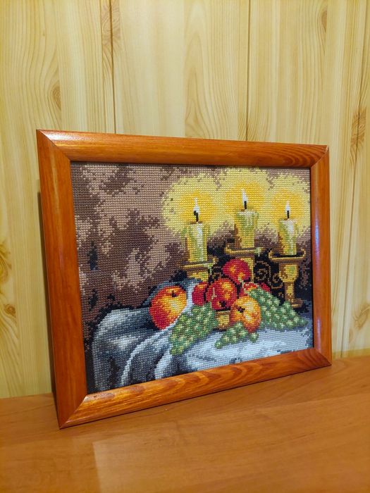 Obraz ręcznie haftowany handmade świece owoce