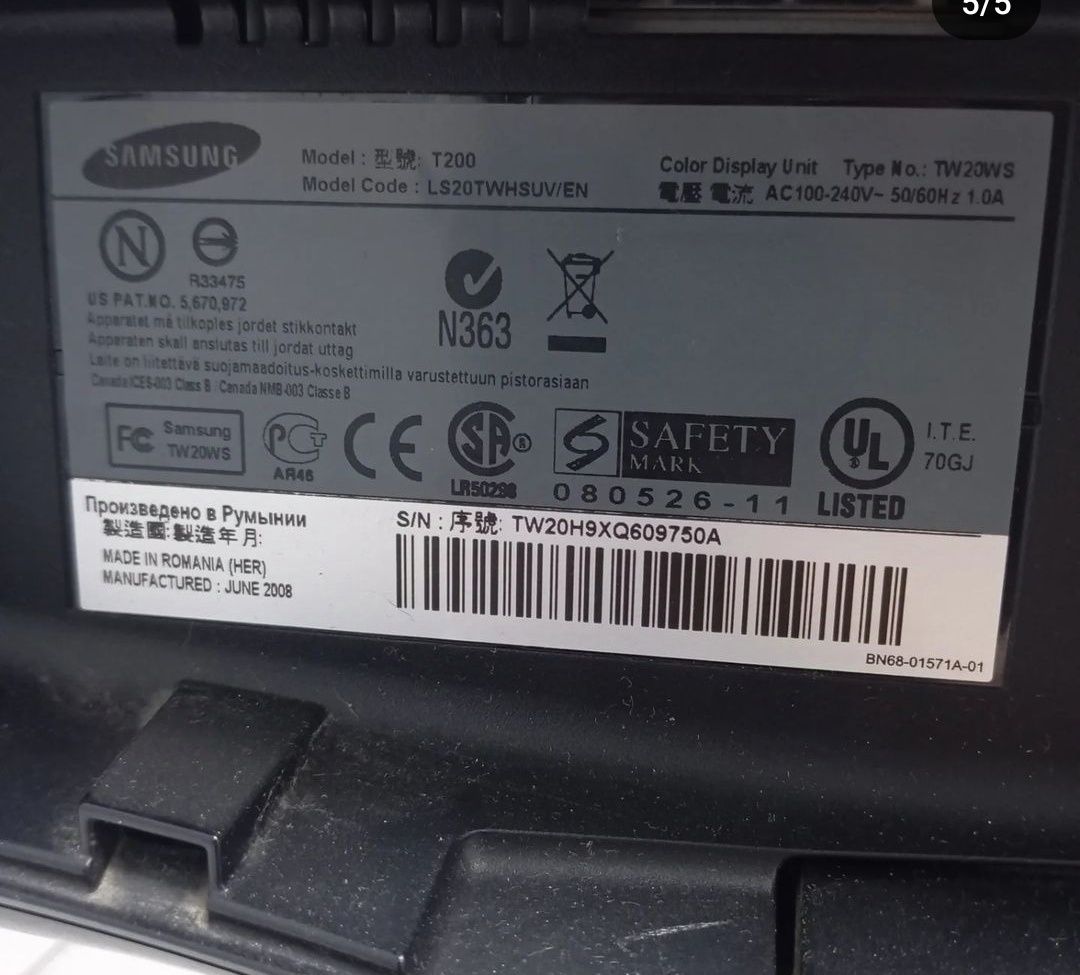 Монитор SAMSUNG T200 LS20TWHSUV , выход только vga