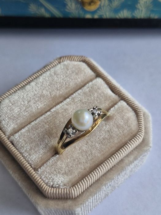 Retro pierścionek złoto 14 k perła diamenty R22 certyfikat