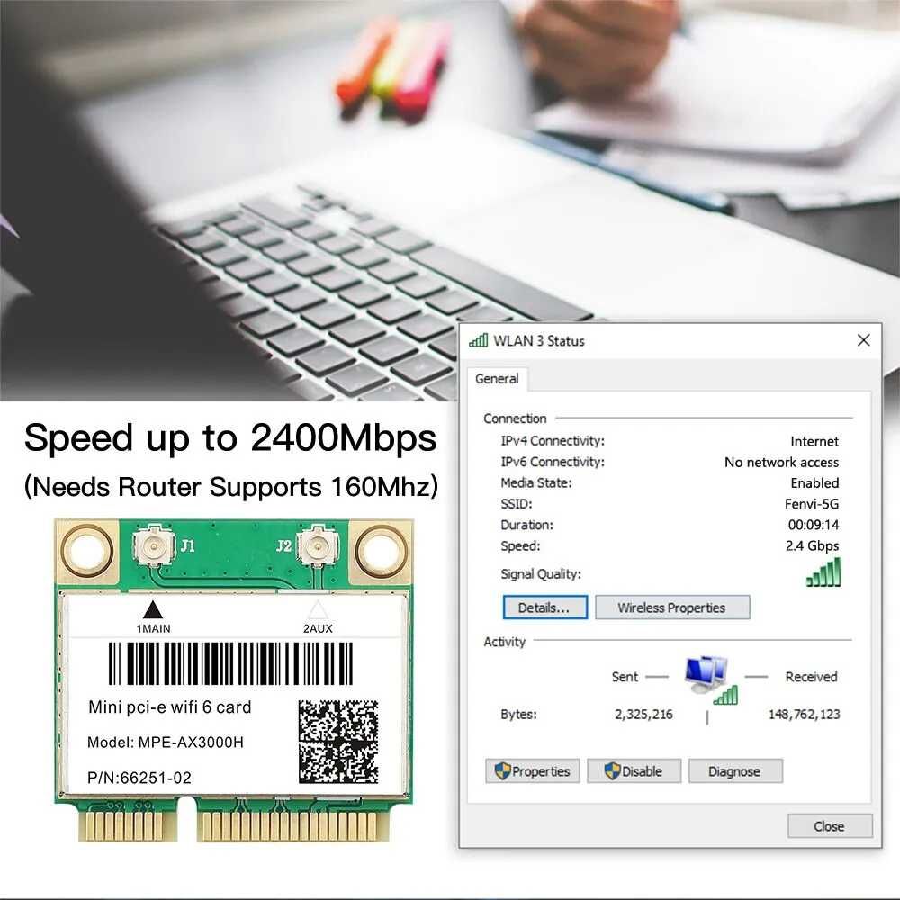WiFi 6 Karta mini PCI-E do laptopa WiFi 802.11AX Dual Band 2.4G/5Ghz