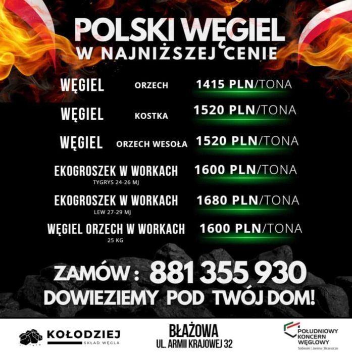 Węgiel ORZECH KOSTKA ekogroszek POLSKI Sobieski Piast Wesoła