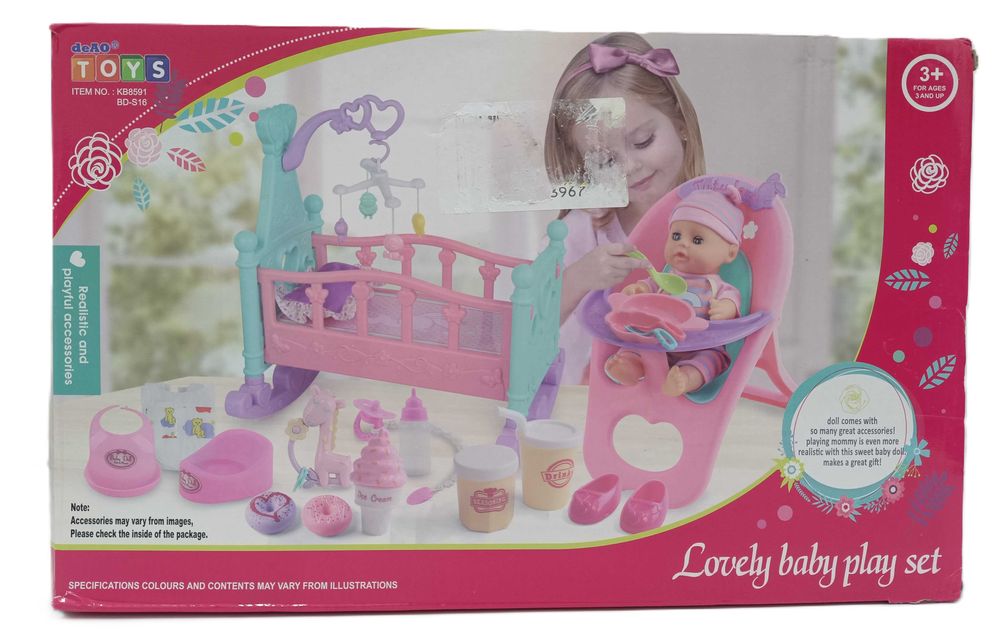 deAO lalka bobas z akcesoriami Łóżeczko Krzesełko jak żywa