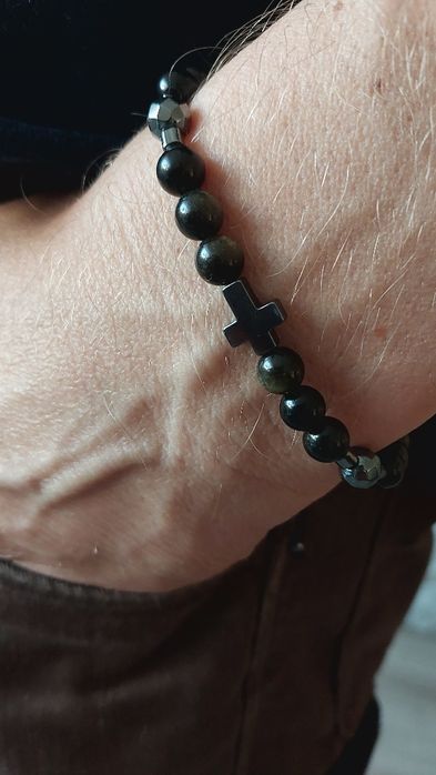 Bransoletka męska z obsydianem i hematytem.