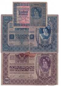 Austria, banknoty 1.000-10.000 koron 1902-22 (3 szt.)