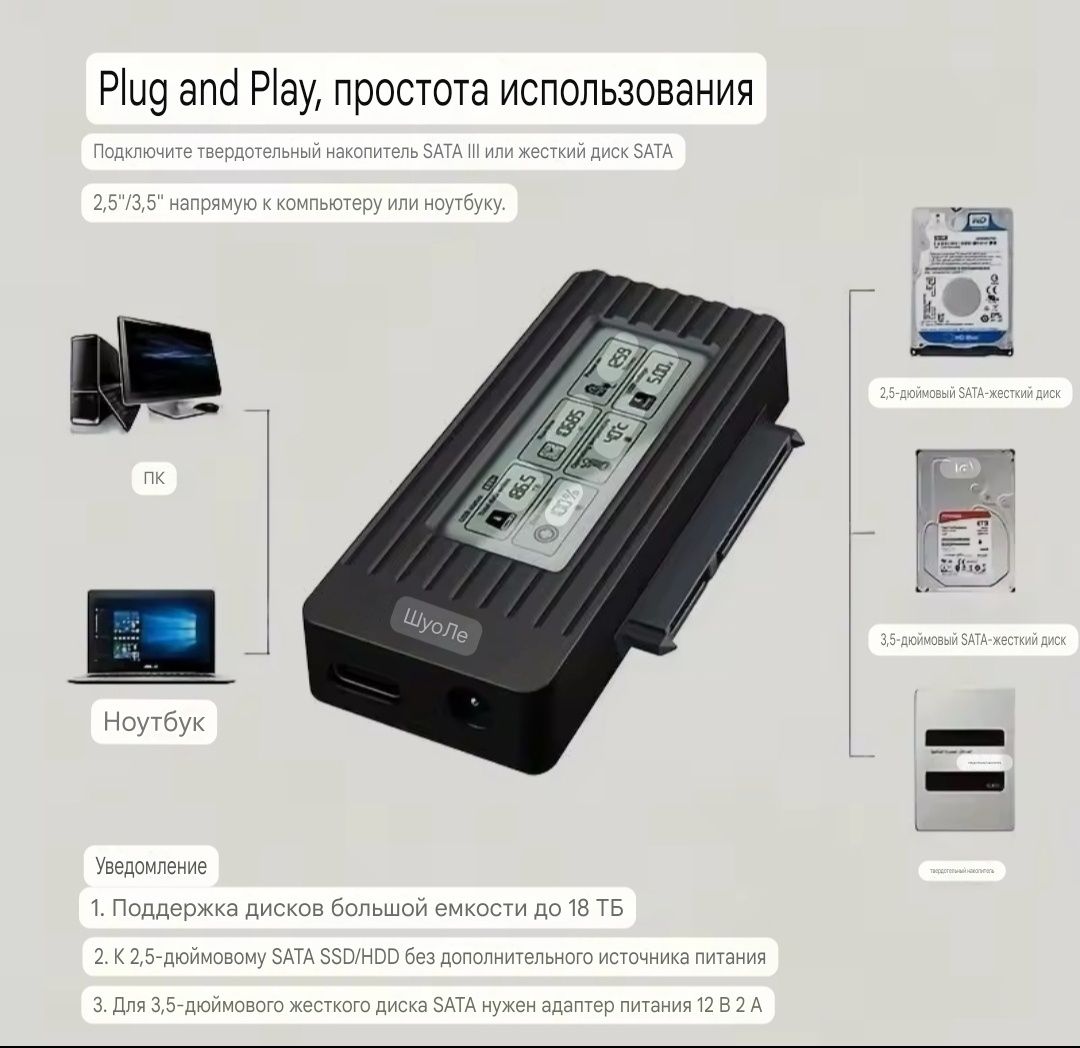 Адаптер, переходник usb 3.2 на SATA, HDD, SSD 3,5 2,5 жёсткий диск,хаб