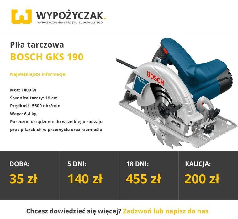 Piła/pilarka spalinowa, ukośnica, zagłębiarka, wyrzynarka - WYNAJEM