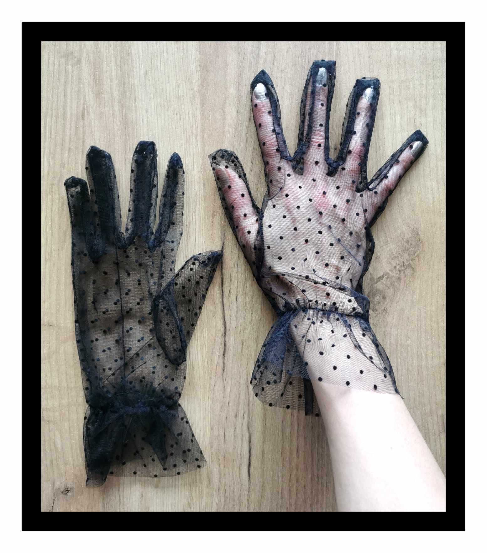 Rękawiczki w kropki (rozm. uniwersalny) #czarne #tiulowe #lolita