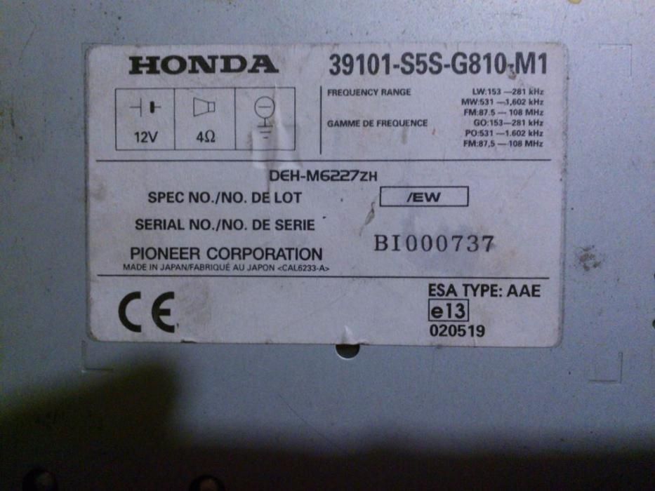 Autoradio Honda com CD - 39101-S5S-G810-M1