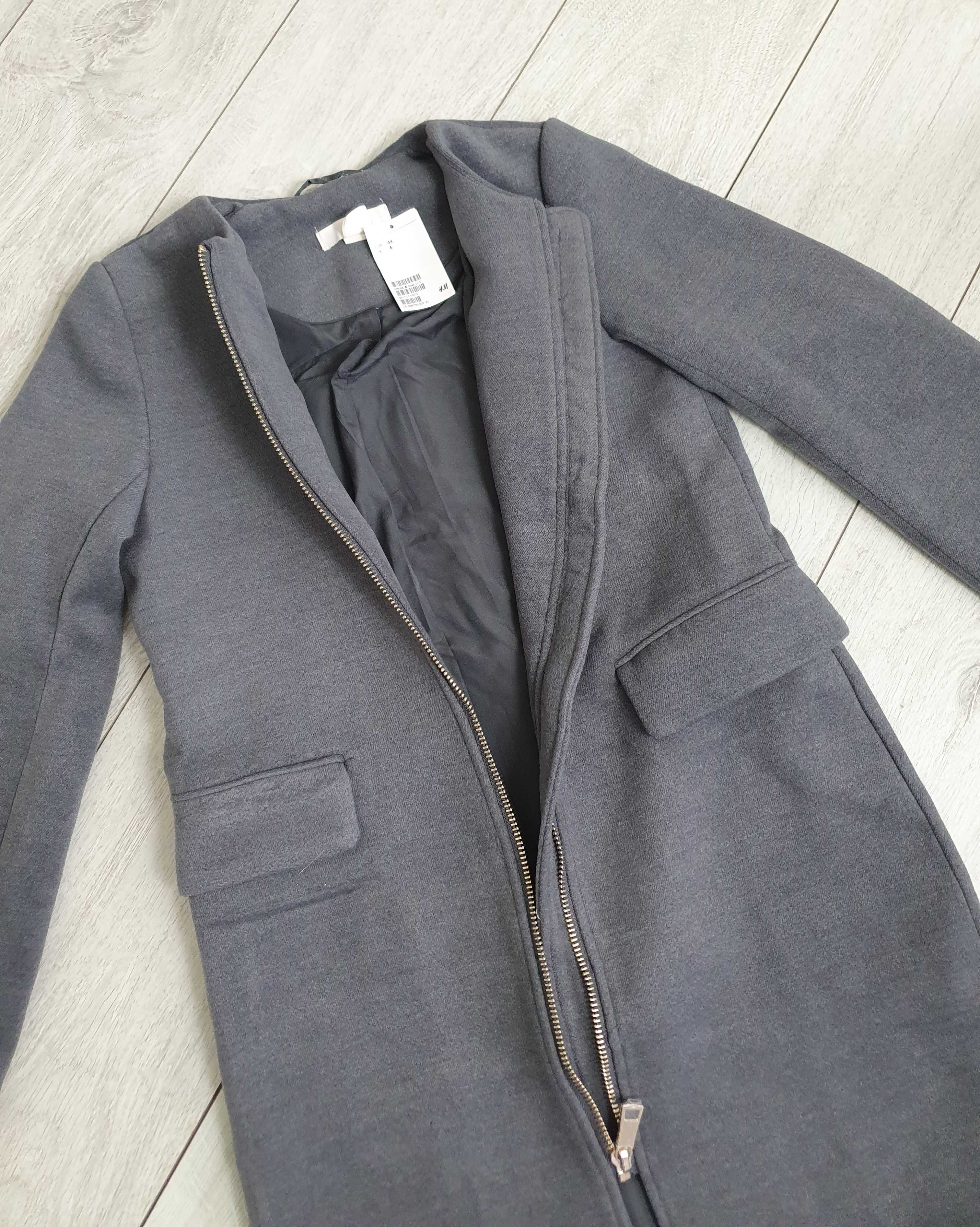 H&M 34 XS szary krótki płaszcz z suwakiem