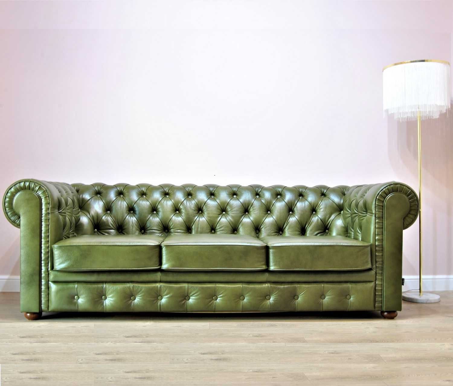 Sofa pikowana chesterfield 3 os. skóra naturalna