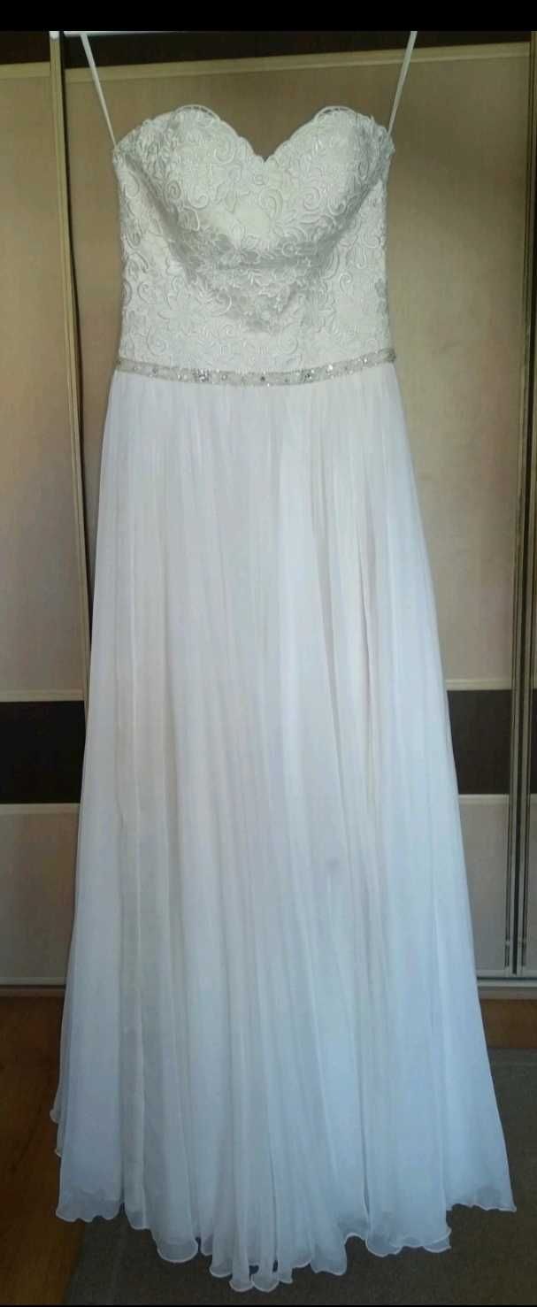 Szampańska suknia ślubna z koronkowym bolerkiem r. 36 S