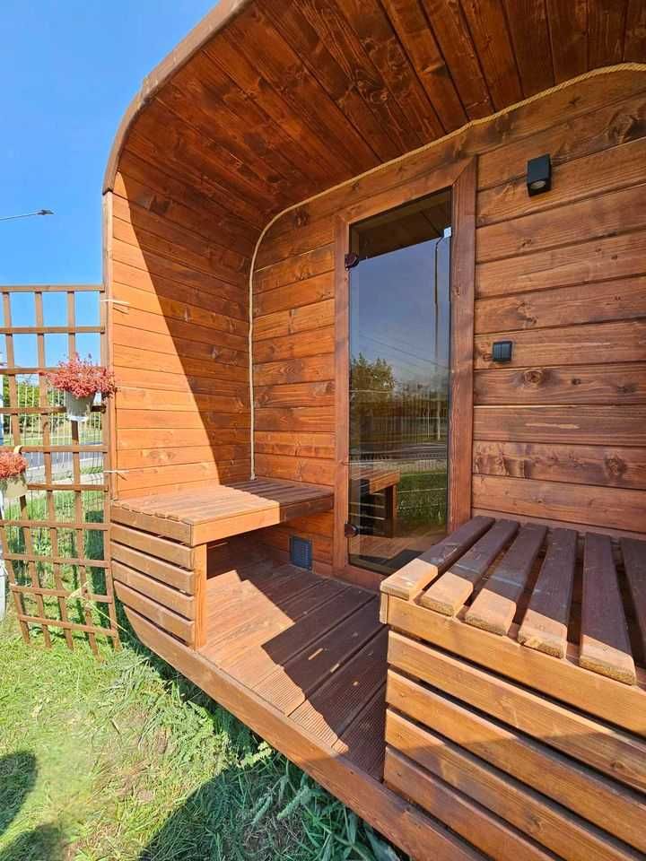 Sauna ogrodowa z piecem opalanym drewnem panorama ławeczka 1-8 osób