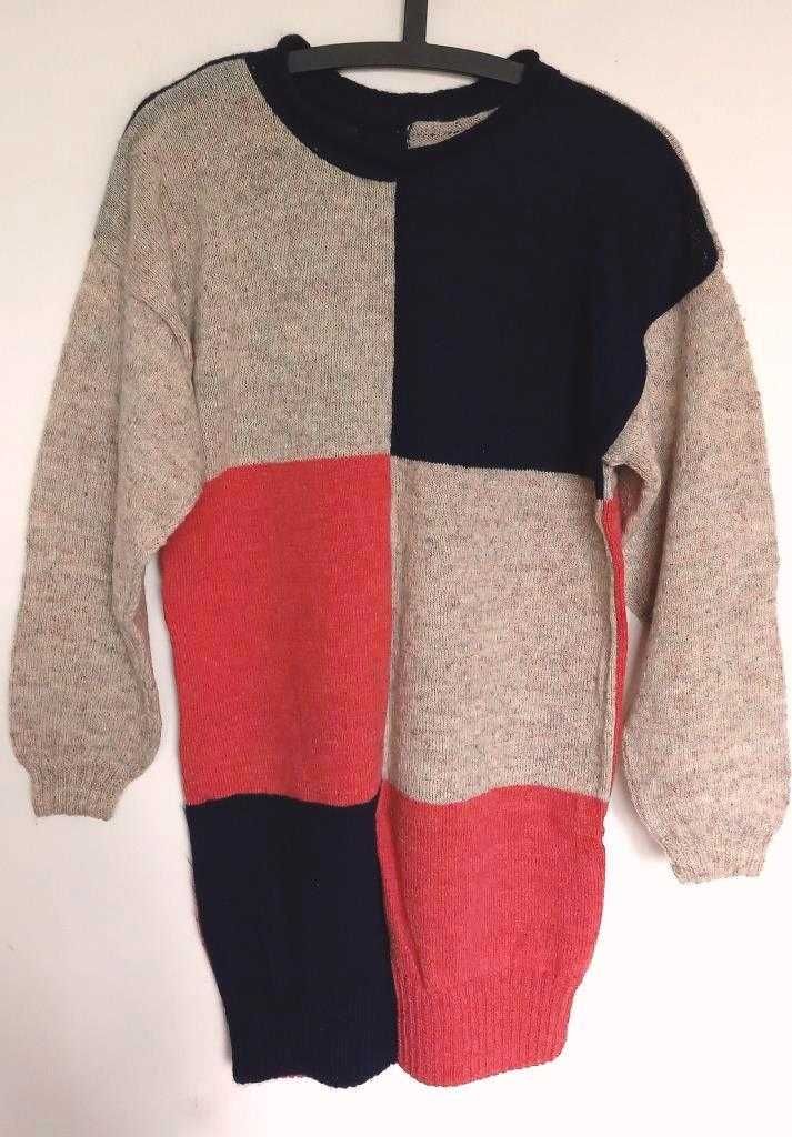 HANDMADE długi trójkolorowy sweter 40 L JAK NOWY