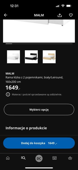 Łóżko Malm z Ikea z pojemnikami