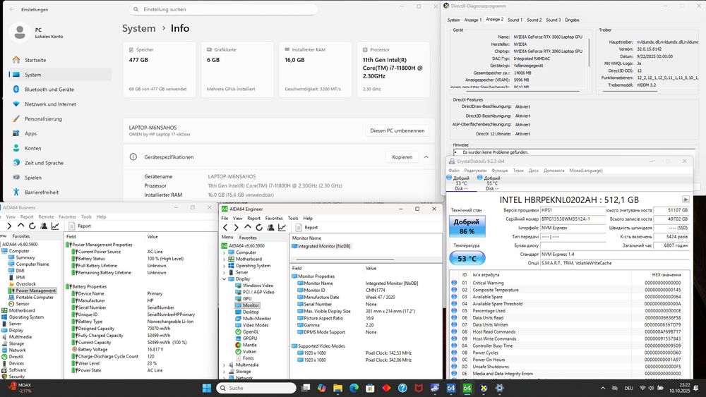 Ноутбук HP Omen! i7-11800H, RTX 3060 6gb, 16gb/512tb, 144Hz, FHD 17.3"