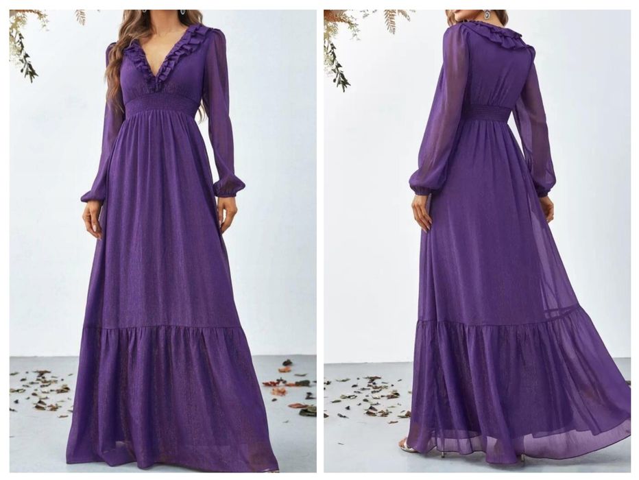 Fioletowa zwiewna, błyszcząca sukienka maxi XL-XXL