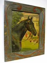antiga moldura  Arte Nova em madeira com estampa - cavalo