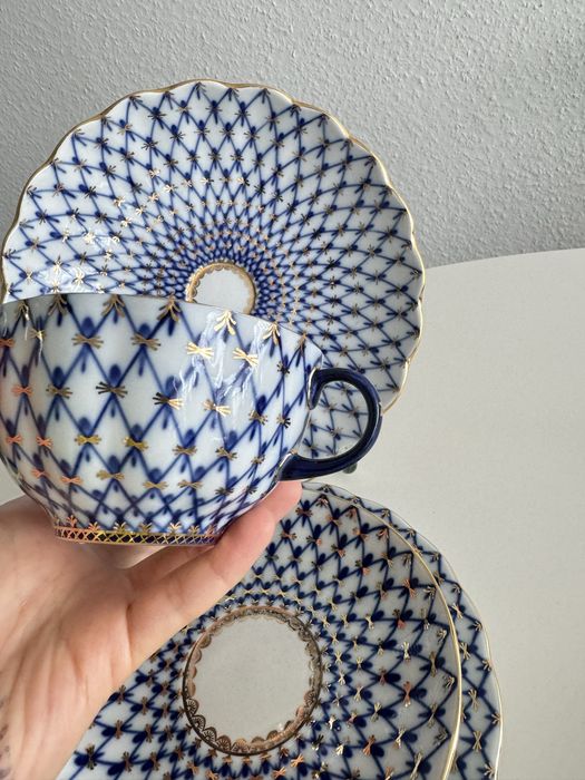 Duża filiżanka Lomonosov siatka Kobaltowa Rosyjska porcelana